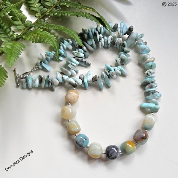 Designer Larimar & Amazonite Sterling Silver Necklace 