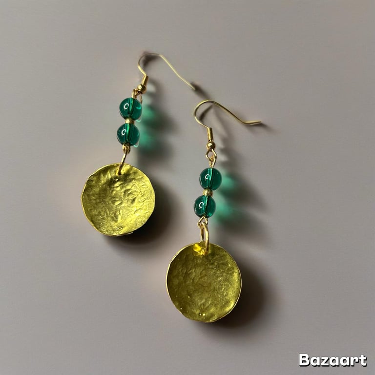 Earrings- Vibrant Beads Featuring a Textured Brass Disc - Boho style, Freepost