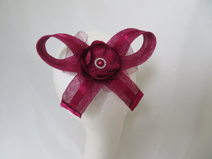 Plum Light Burgundy Sinamay Bow Flower & Pearl Clip Fascinator