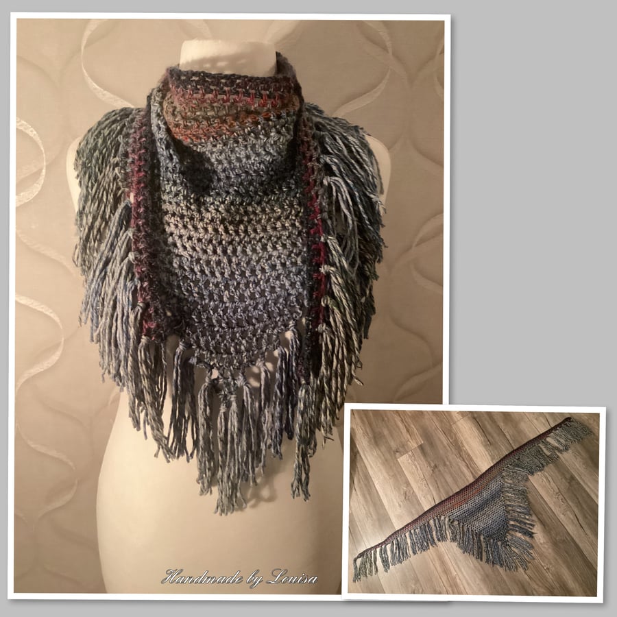 Crocheted triangle scarf with tassels