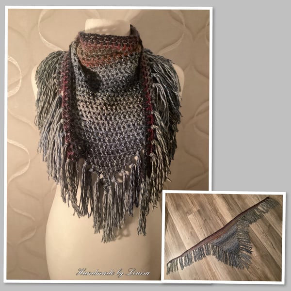 Crocheted triangle scarf with tassels