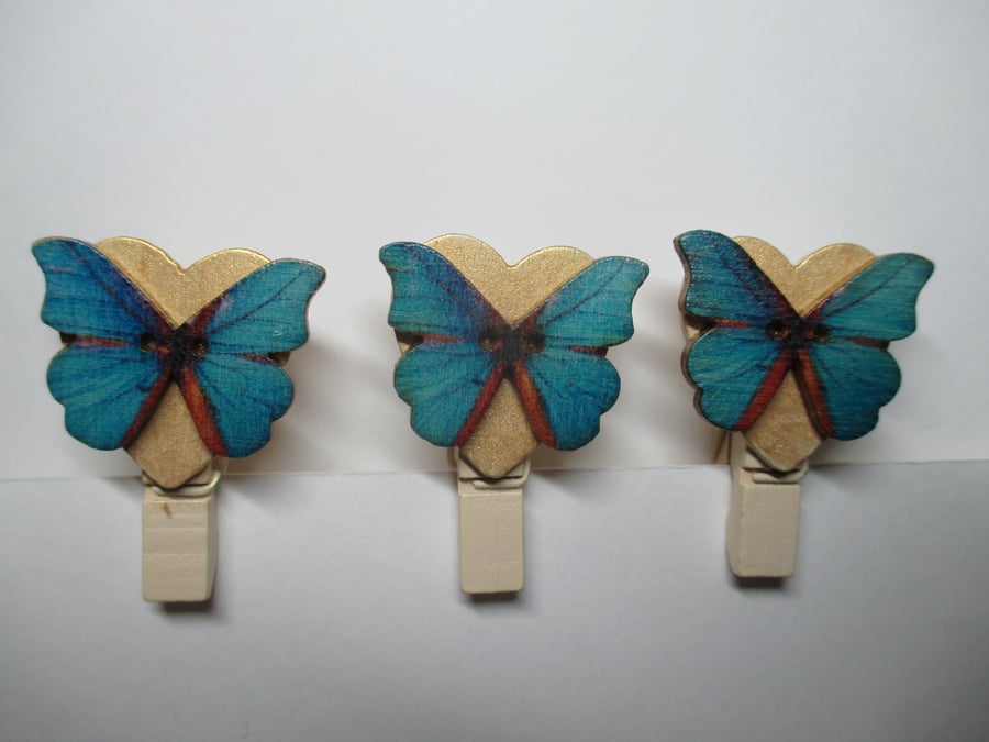 Butterfly on Love Heart Peg Clip Mini Peg Set of three Gold Blue Orange
