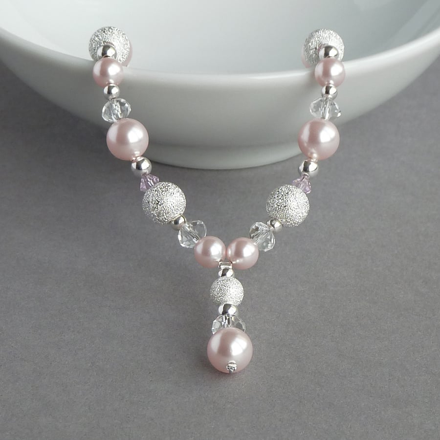 Blush Pink Stardust Y Necklace - Pale Pink Drop Necklace - Bridesmaid Jewellery