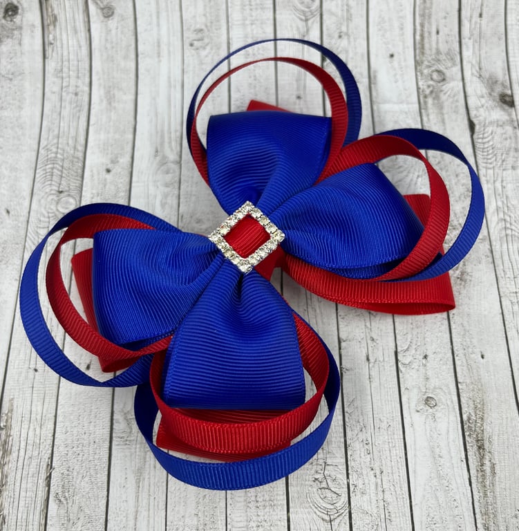 Large 5 inch Cobalt Blue and Red Double Layer Bow with Double Loops