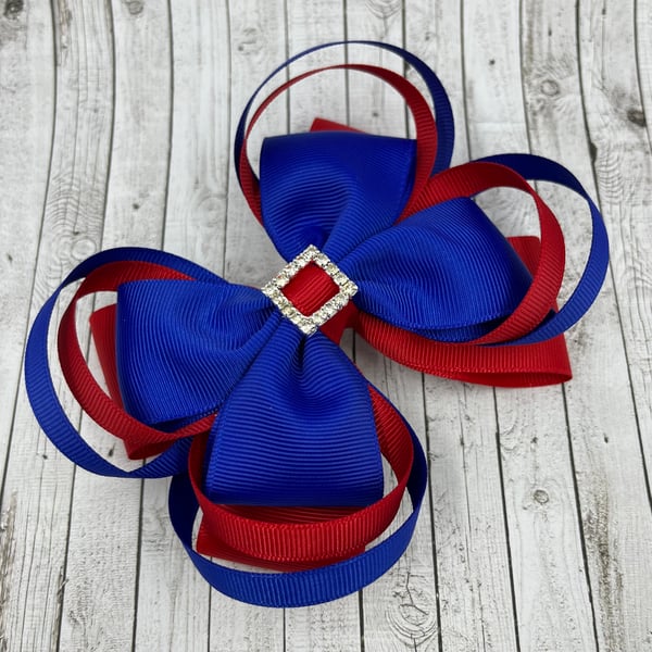 Large 5 inch Cobalt Blue and Red Double Layer Bow with Double Loops