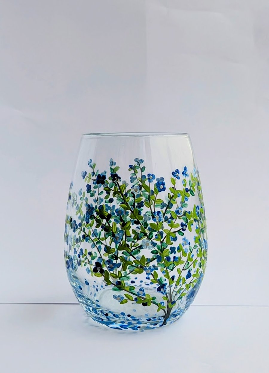 Bespoke Hand Painted Stemless Wine Glass Tumbler: Blue Cherry Blossam
