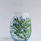 Bespoke Hand Painted Stemless Wine Glass Tumbler: Blue Cherry Blossam