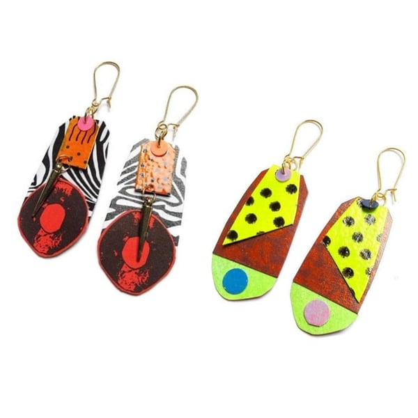 Reversible Earrings Artisan Colorful Zebra Stripe Large Funky Statement Jewelry