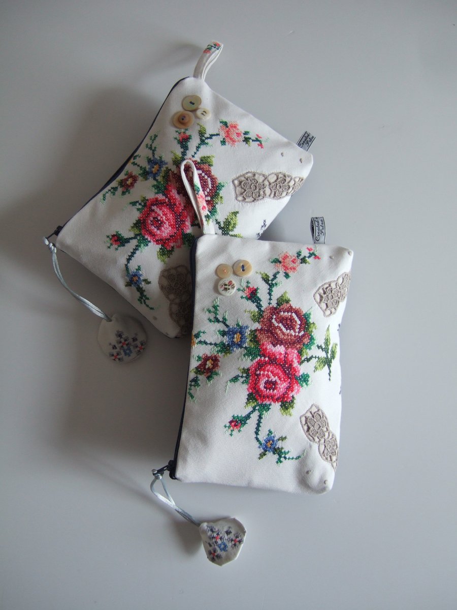 Embroidered vintage roses clutch bag or special occasions bag.