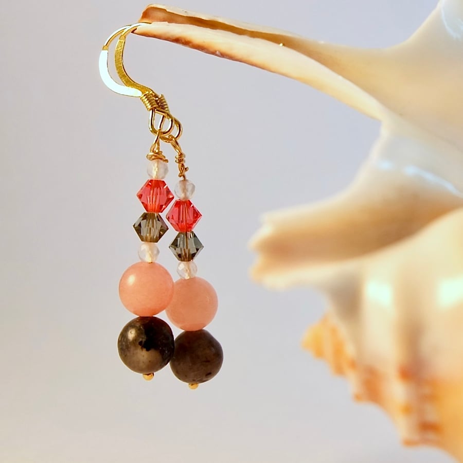 Pink Opal And Larvikite Earrings With Rose Quartz & Crystals - Handmade In Devon