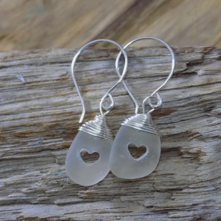 Sea glass heart earrings , drilled hearts, drop earrings