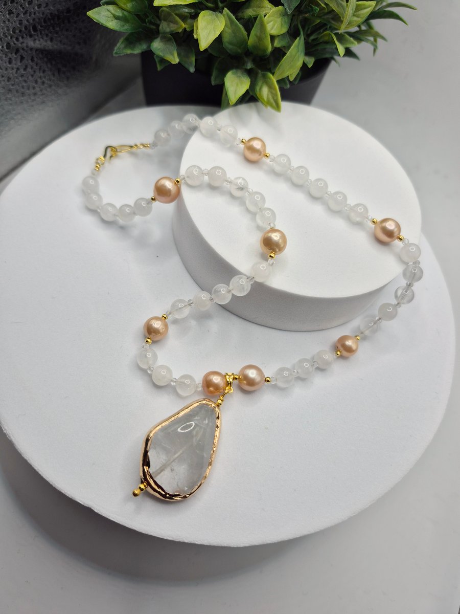Clear Quartz & Natural Pearl Necklace with Gold Edged Quartz Pendant