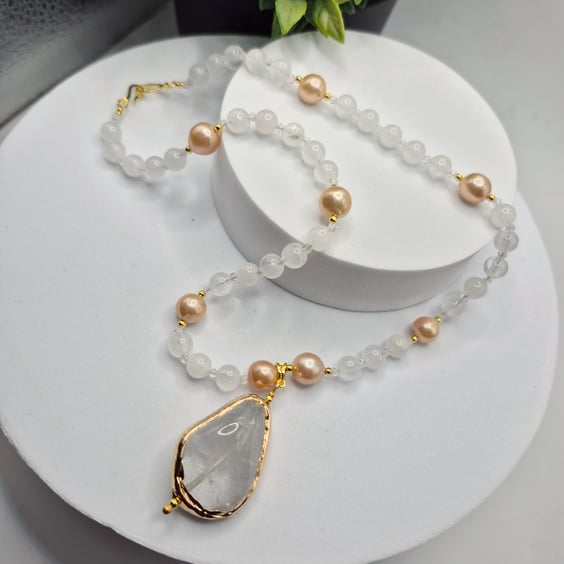 Clear Quartz & Natural Pearl Necklace with Gold Edged Quartz Pendant