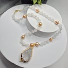 Clear Quartz & Natural Pearl Necklace with Gold Edged Quartz Pendant