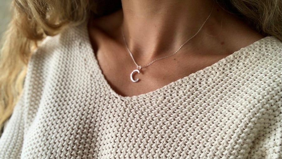 Letter C Necklace - Handmade Hammered Small Initial Sterling Silver Charm 