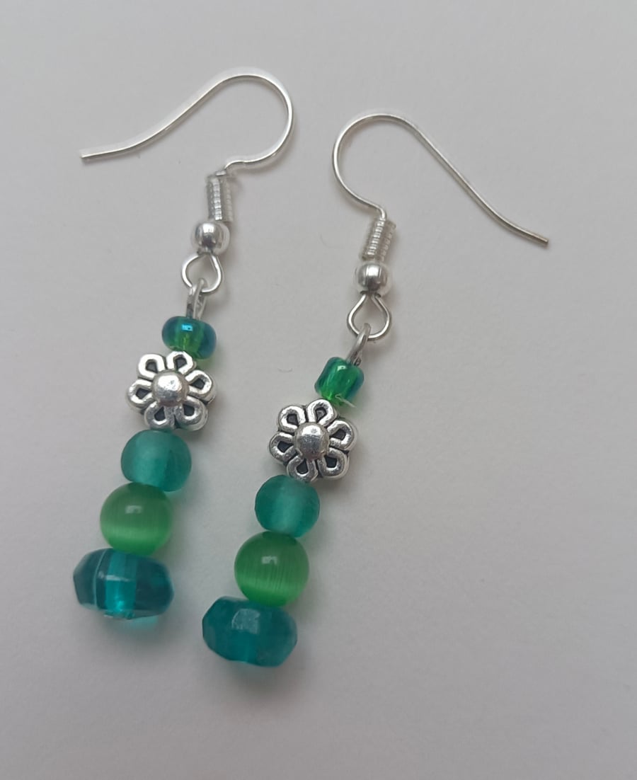 Shades of Green with Silver Flowers Beaded Earrings 