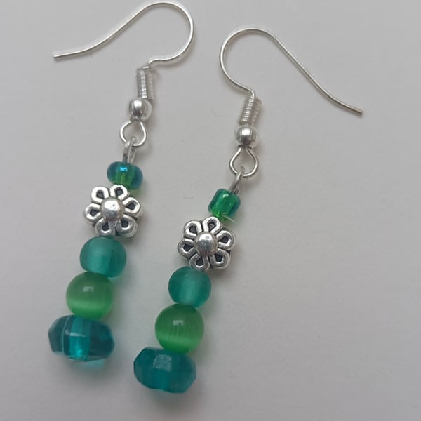 Shades of Green with Silver Flowers Beaded Earrings 