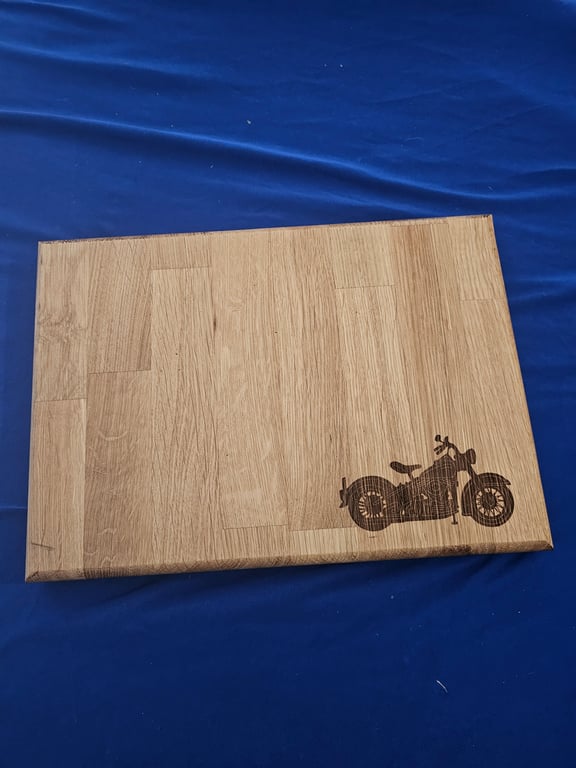 Solid oak chopping board with motor bike design 