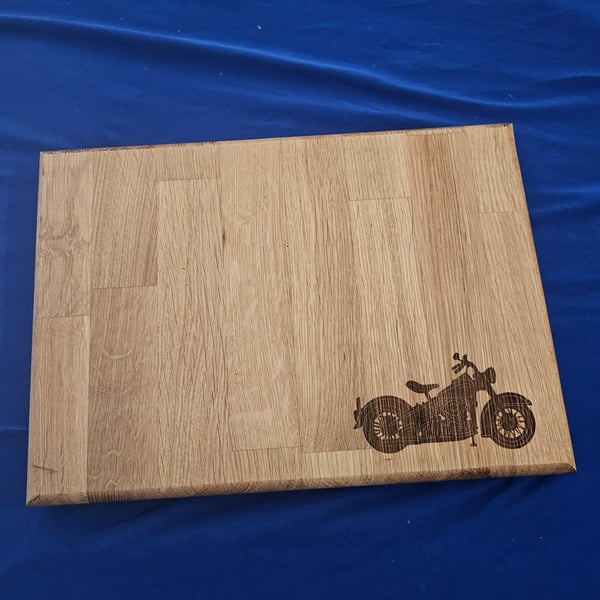 Solid oak chopping board with motor bike design 