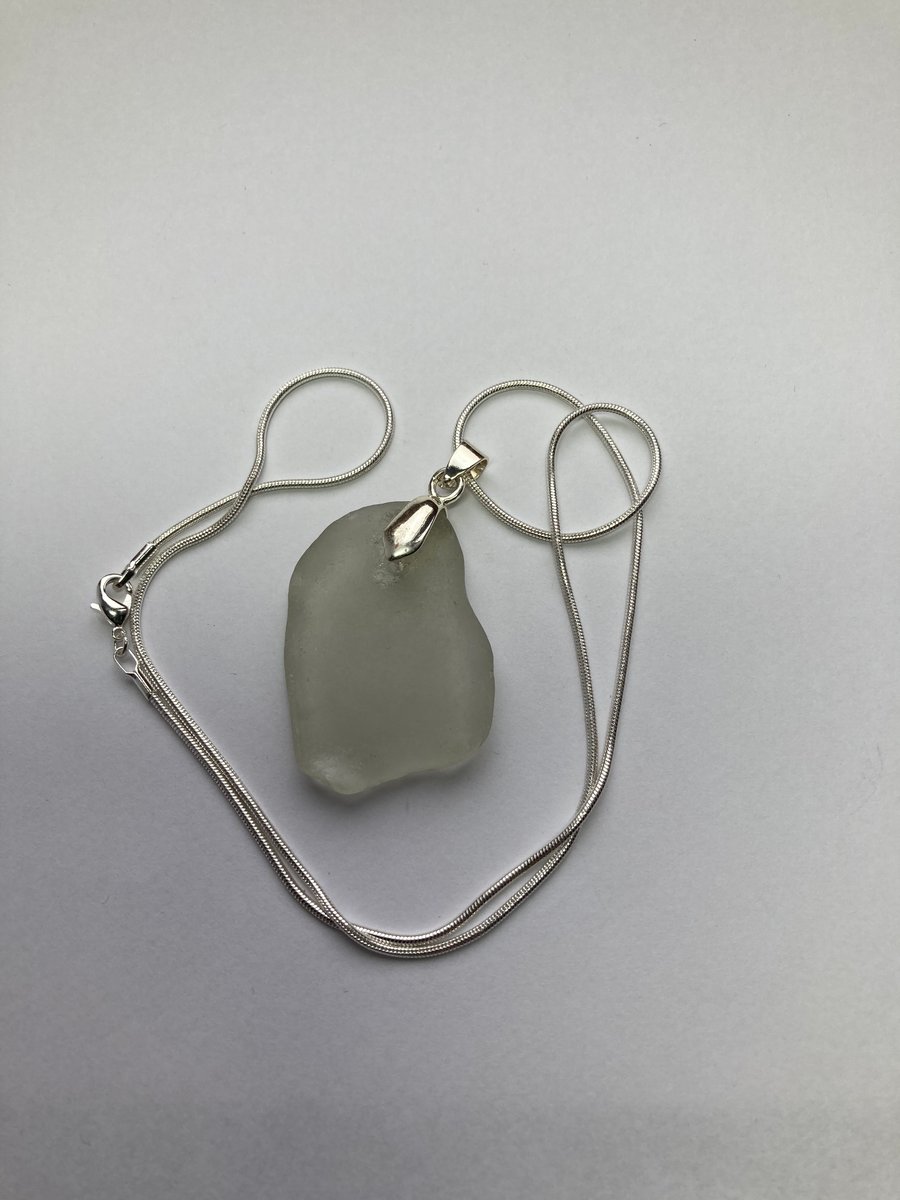White seaglass drop on 18in silver plate snake chain