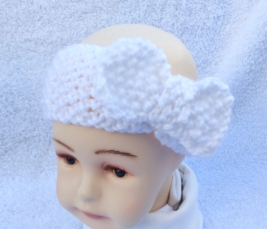 Baby headband white hand knit 0-6 months 