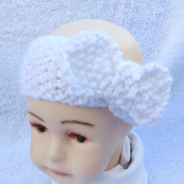 Hand knitted white baby headband