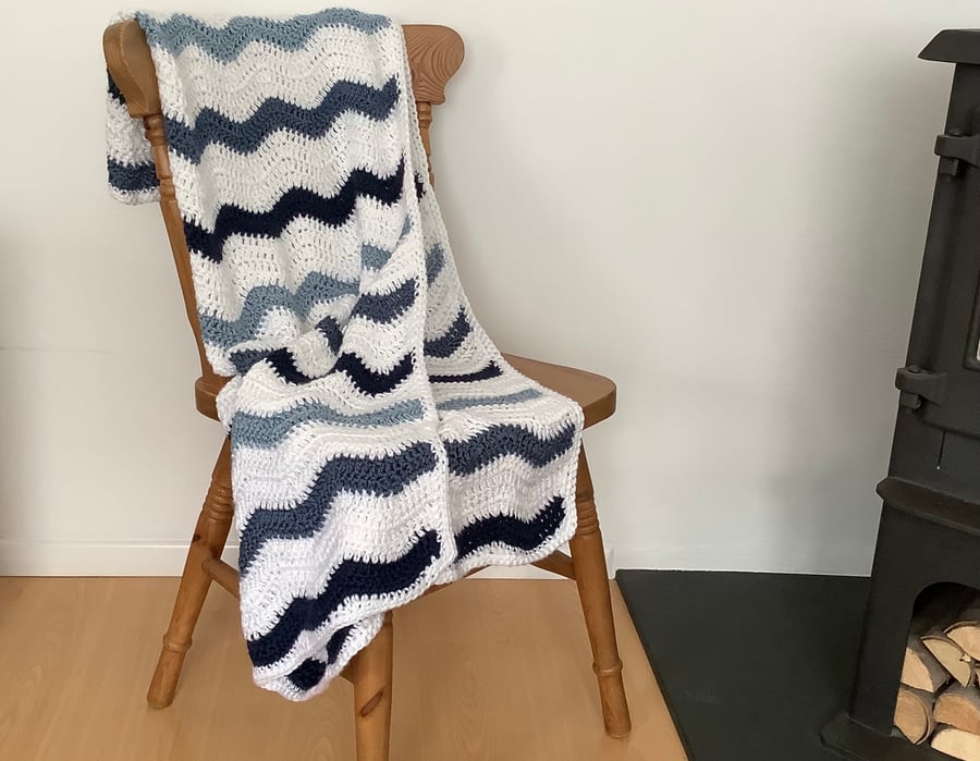 BLANKET, THROW. Ripples. Crocheted .' Ocean' . Blue, white. 