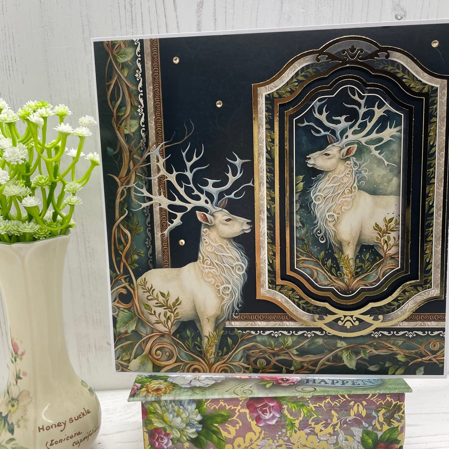 Greeting Card - The Enchanted Realm White Stag by Carolee Crafts -   C5
