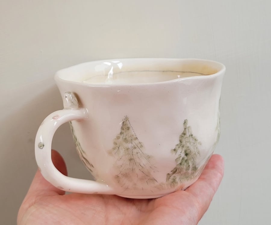 Hand pinched ceramic owl cup with fir trees & tiny bird prints. MADE TO ORDER 