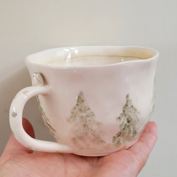 Hand pinched ceramic owl cup with fir trees & tiny bird prints. MADE TO ORDER 