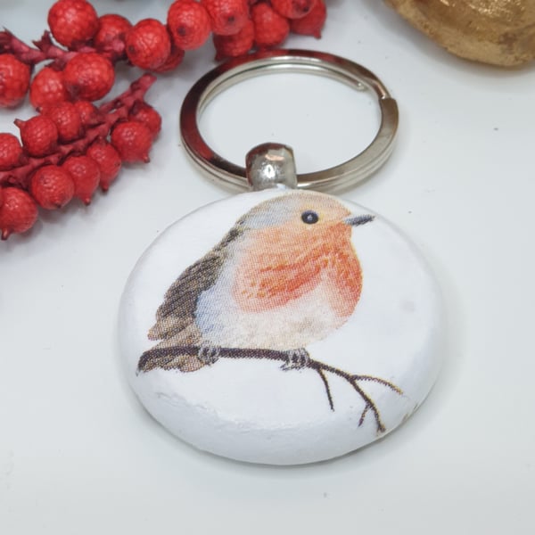 Robin wooden keyring, stocking filler gift for a bird lover 