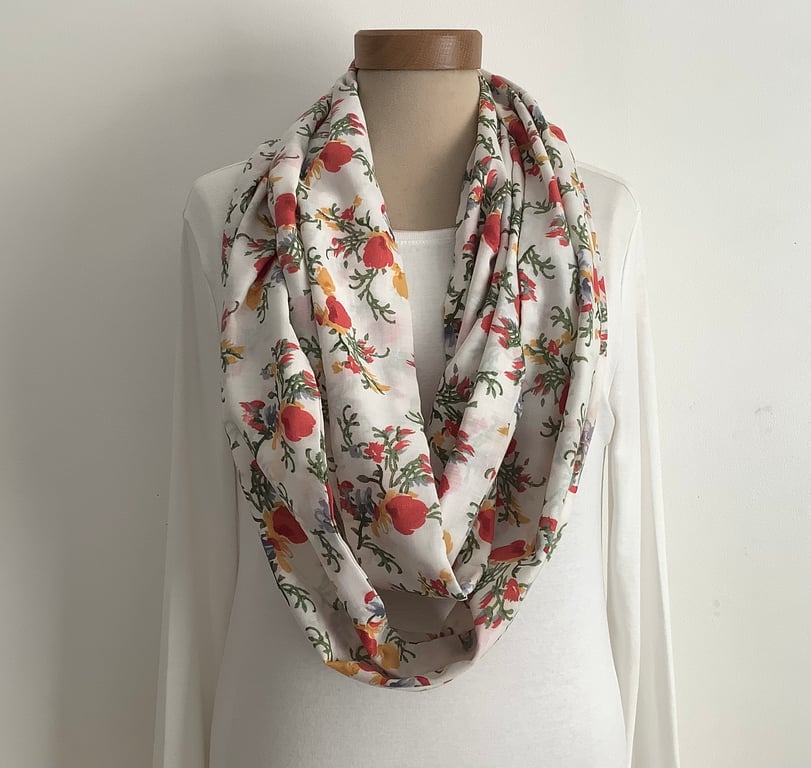  COTTON  lawn infinity scarf. '.Botanics'. Red, mustard. Floral . Lightweight . 