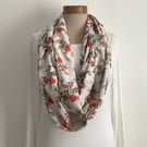 COTTON  lawn infinity scarf. '.Botanics'. Red, mustard. Floral . Lightweight . 