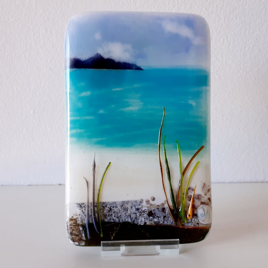 Fused glass mini seascape panel, seaside beach scene, No 2