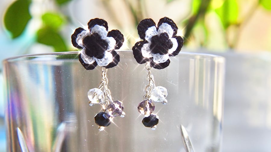 Microcrochet Monochrome Floral Crystal Beads  Ear Jacket Stud Earrings 