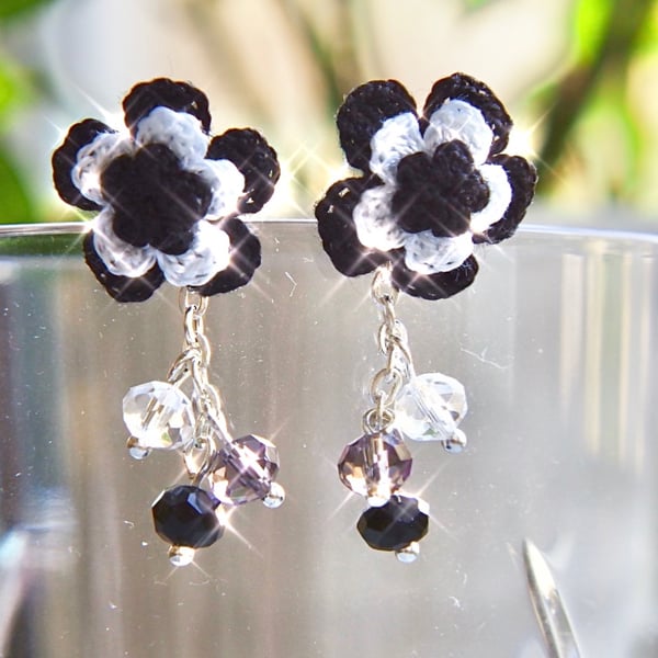 Microcrochet Monochrome Floral Crystal Beads  Ear Jacket Stud Earrings 