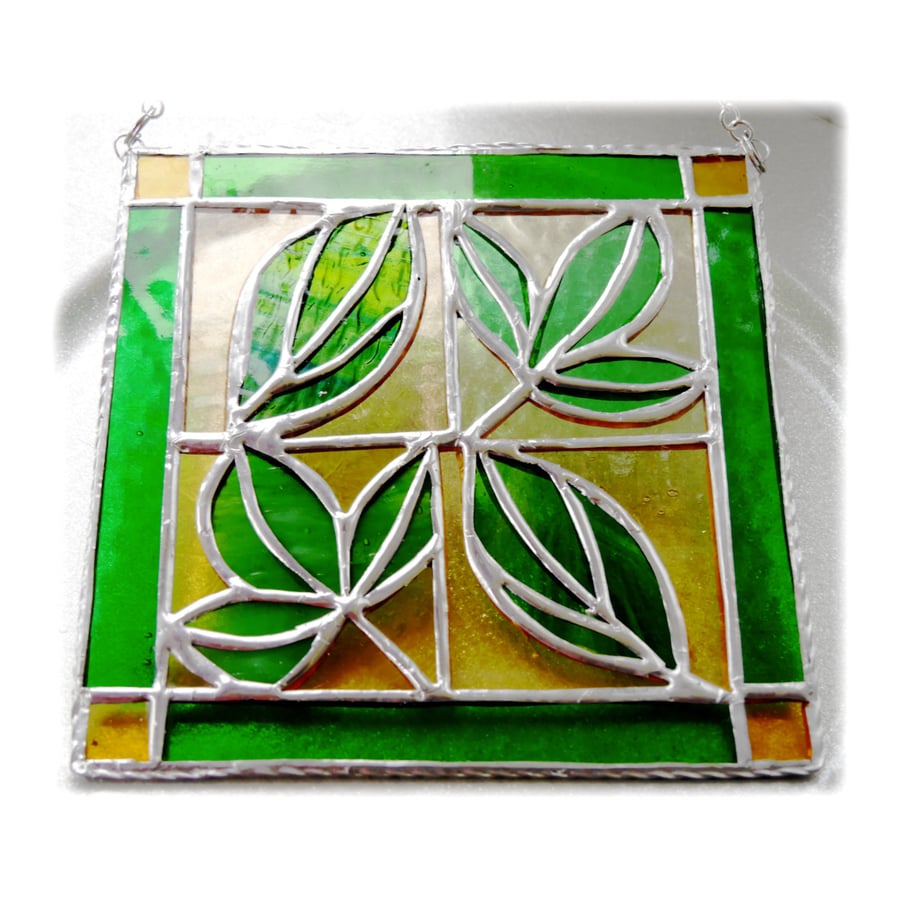 Leaf Tile Suncatcher Stained Glass Green Framed Picture 001