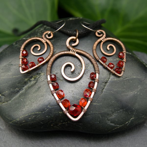 Copper Wire Wrapped Pendant & Earrings Set with Red Glass Beads