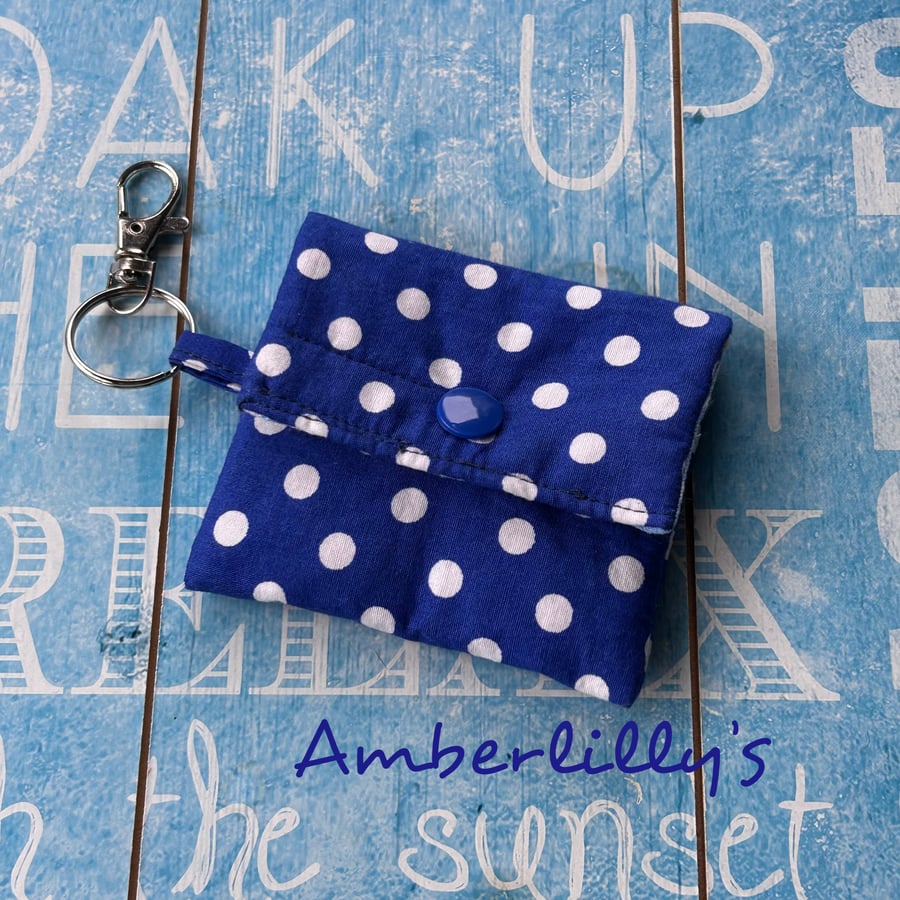 Keychain pouch mini for ear buds or keys blue and white polka 