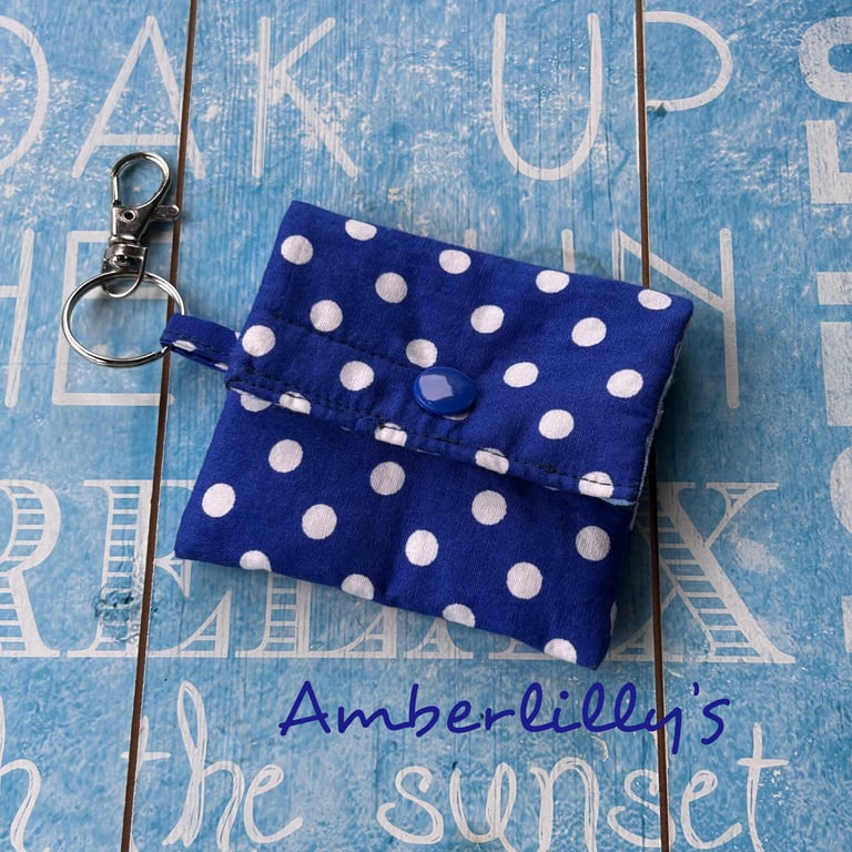 Keychain pouch mini for ear buds or keys blue and white polka 