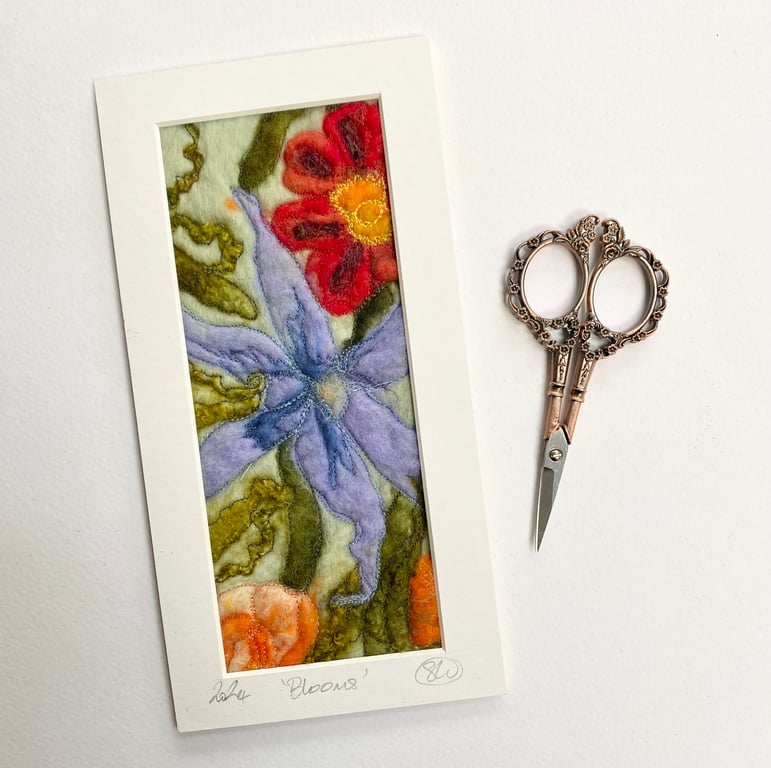 Mounted embroidered flower wet felted artwork, wall art. 