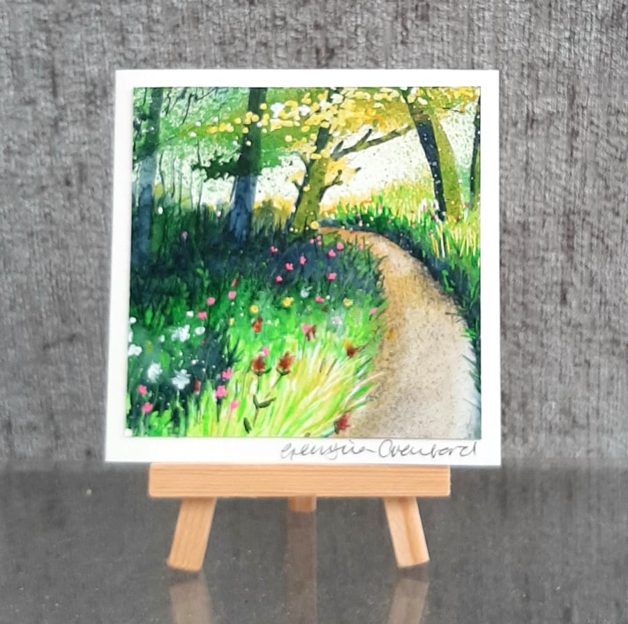 Mini Handpainted Blank Card. Shady Path Through Trees