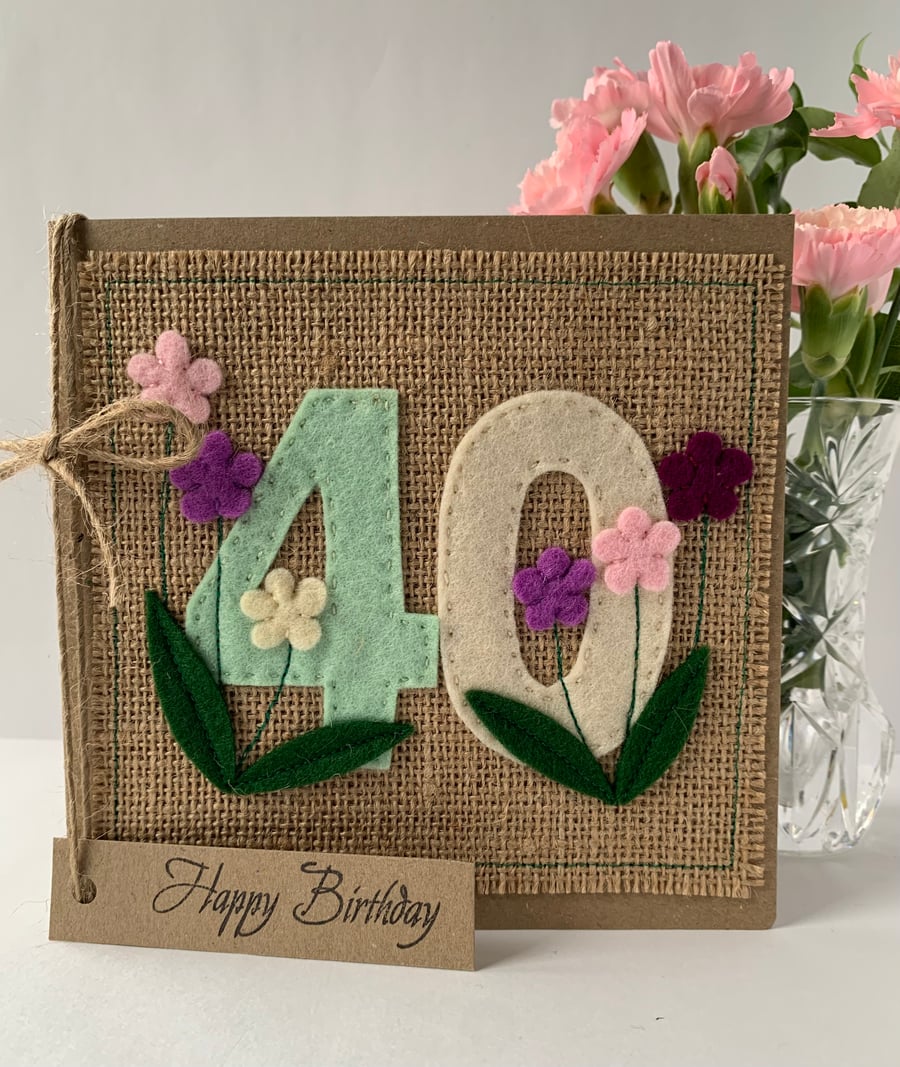 40th Handmade Birthday Card from felt. Keepsake Card. Textile card.
