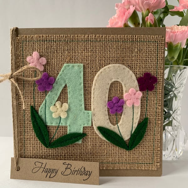 40th Handmade Birthday Card from felt. Keepsake Card. Textile card.