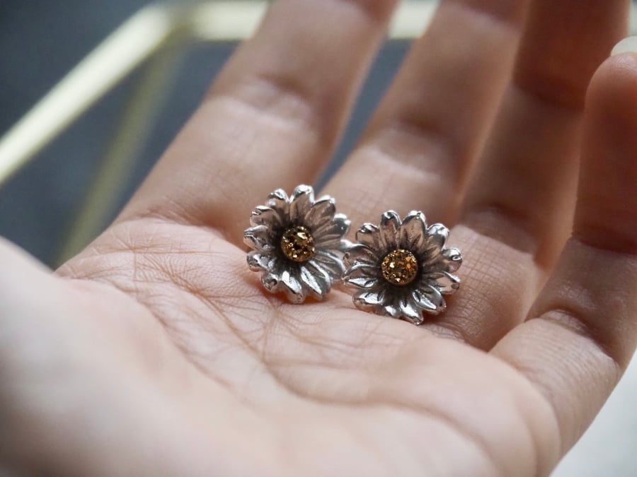 Handmade Sterling Silver Daisy Earrings with Drusy Gemstones