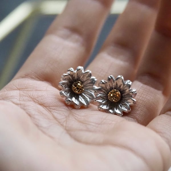 Handmade Sterling Silver Daisy Earrings with Drusy Gemstones