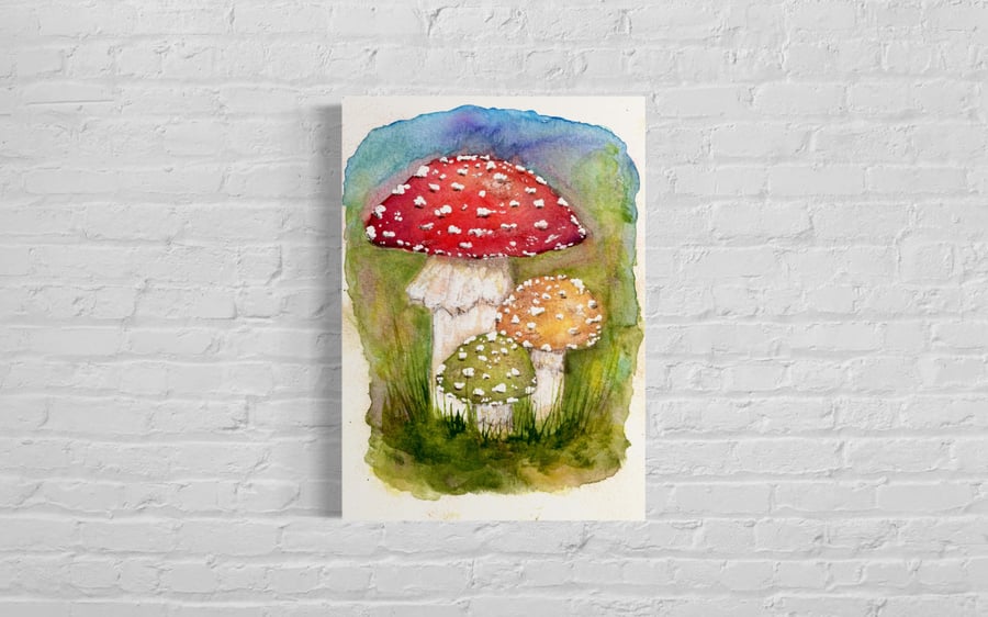 Art print of original watercolour Mushrooms 5 x 7 inches 