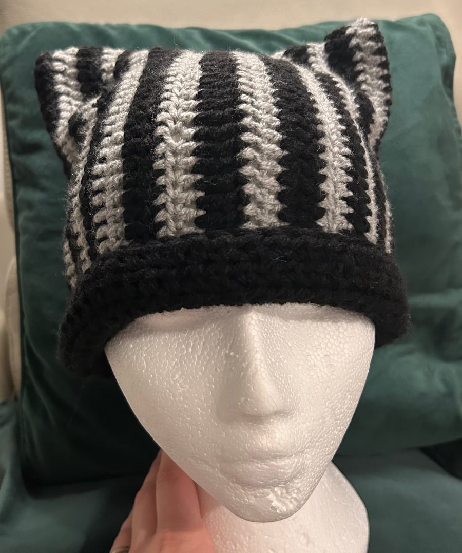 black and grey stripe cat ear beanie