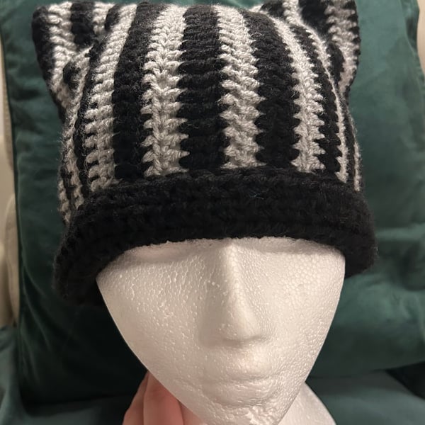 black and grey stripe cat ear beanie