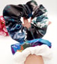Set of 3 large scrunchies,  white satin,  navy velour and blue petal.   - Image 2